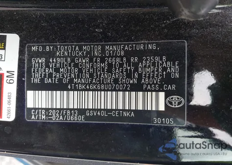 2008 Toyota Camry Le V6 from USA, damaged, VIN 4T1BK46K68U070072